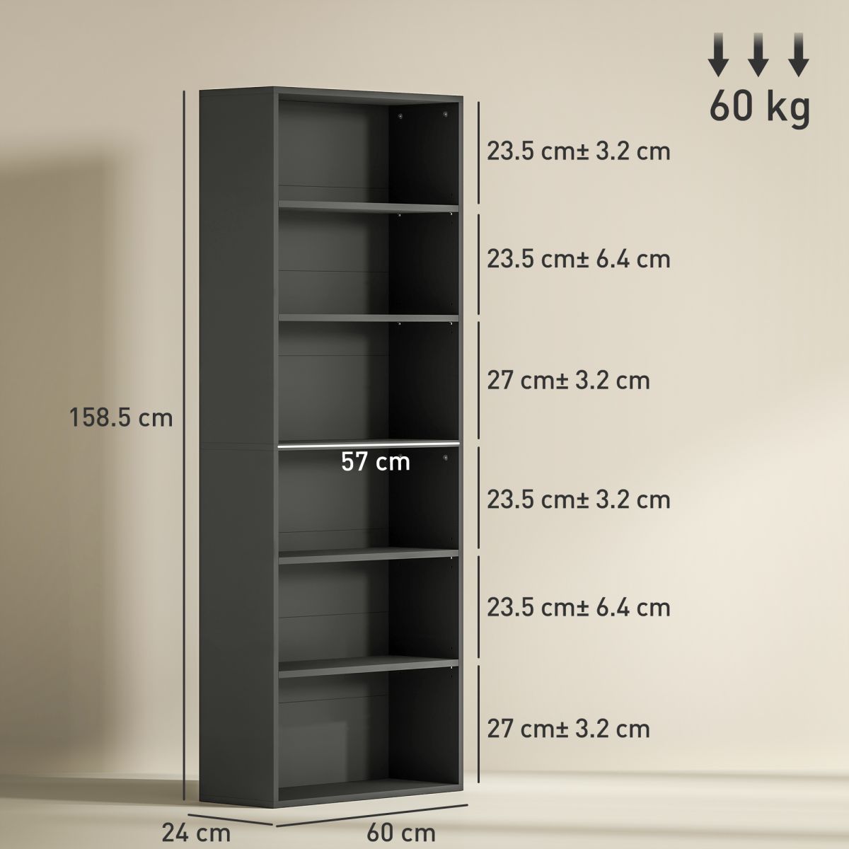HOMCOM 6 Tier Bookshelf, Freestanding Bookcase with Adjustable Shelves, Black