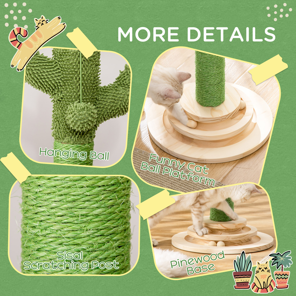 Cat Tree Cactus Sisal Scratching Post Interactive Fun Roller Exerciser Pawhut