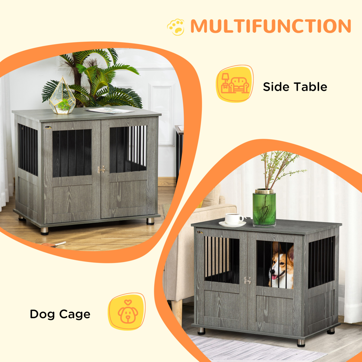 Wooden & Wire Dog Cage for Medium Dog, Stylish Pet Kennel w/ Magnetic Doors