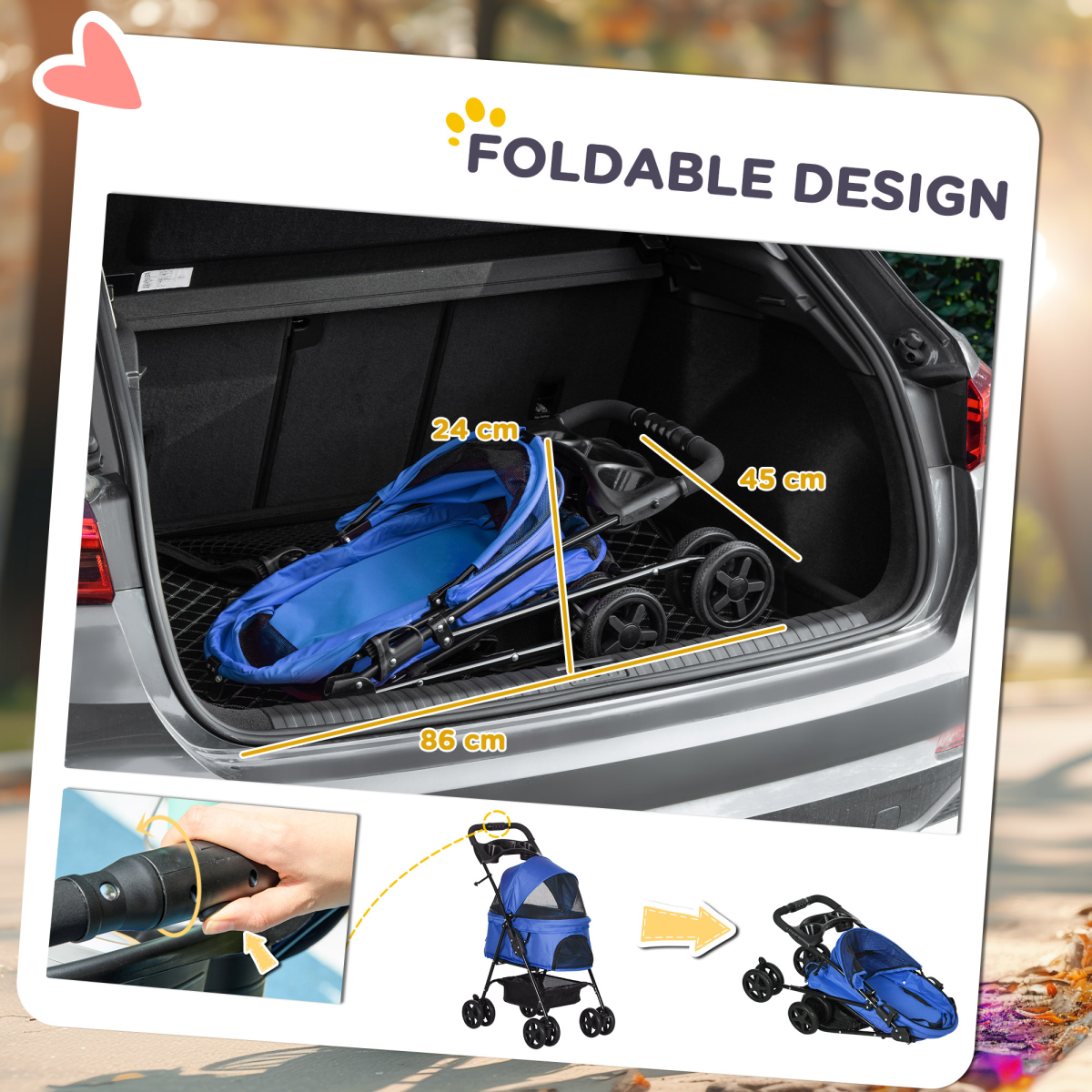 Pet Stroller  Foldable Travel Carriage with Brake Basket Adjustable Canopy