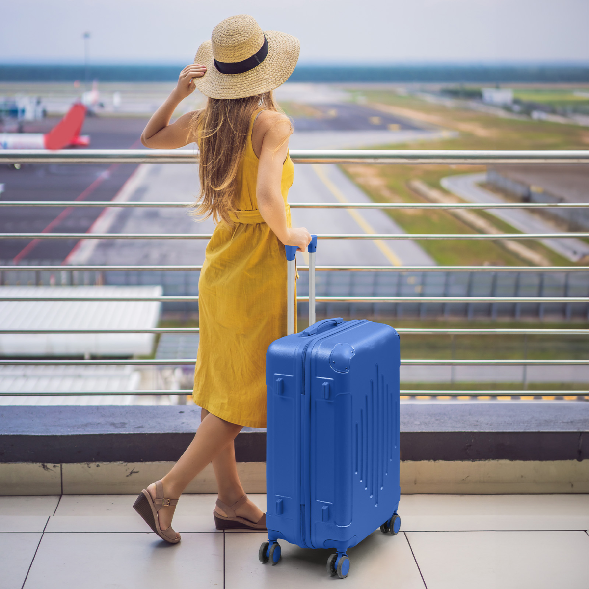 20-inch ABS Hard Shell Suitcase with Diamond Pattern - Navy Blue