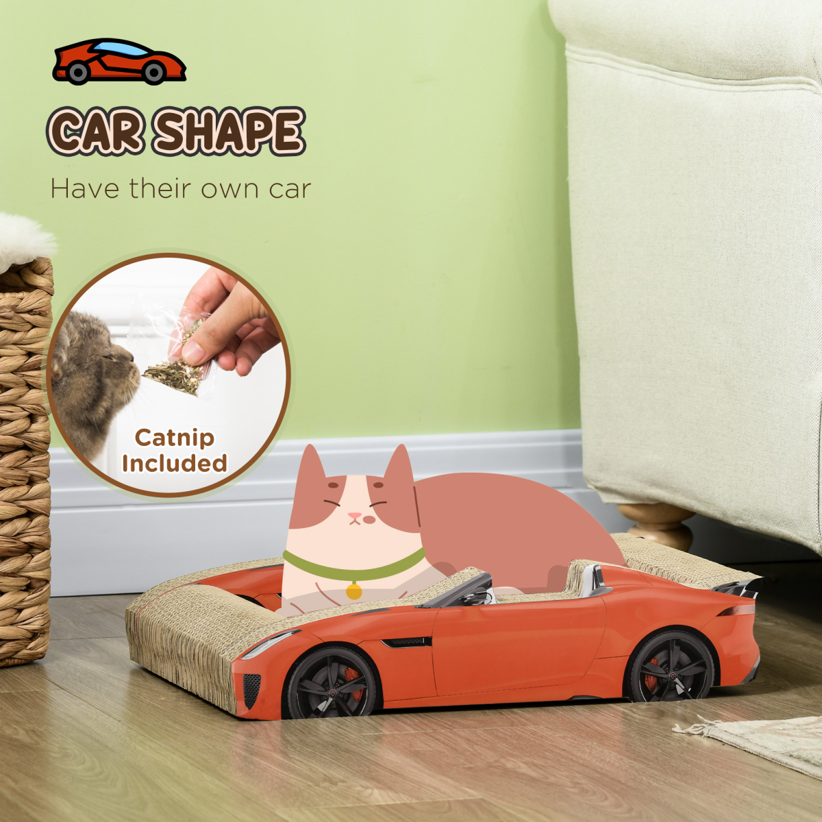 PawHut 2 in 1 Cat Scratching Board with Catnip, Car-shaped Cat Scratch Bed