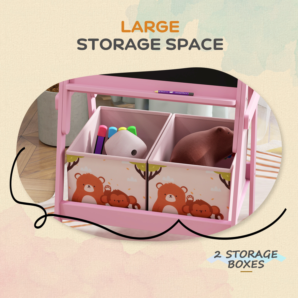 AIYAPLAY 2 in 1 Kids Easel with Whiteboard, Chalkboard, Storage Boxes, Pink