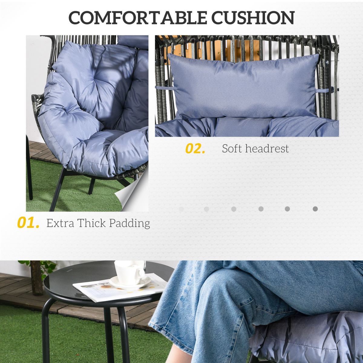 Outsunny Rattan Leisure Chair with Cushion, Garden Egg Chair with Headrest, Grey