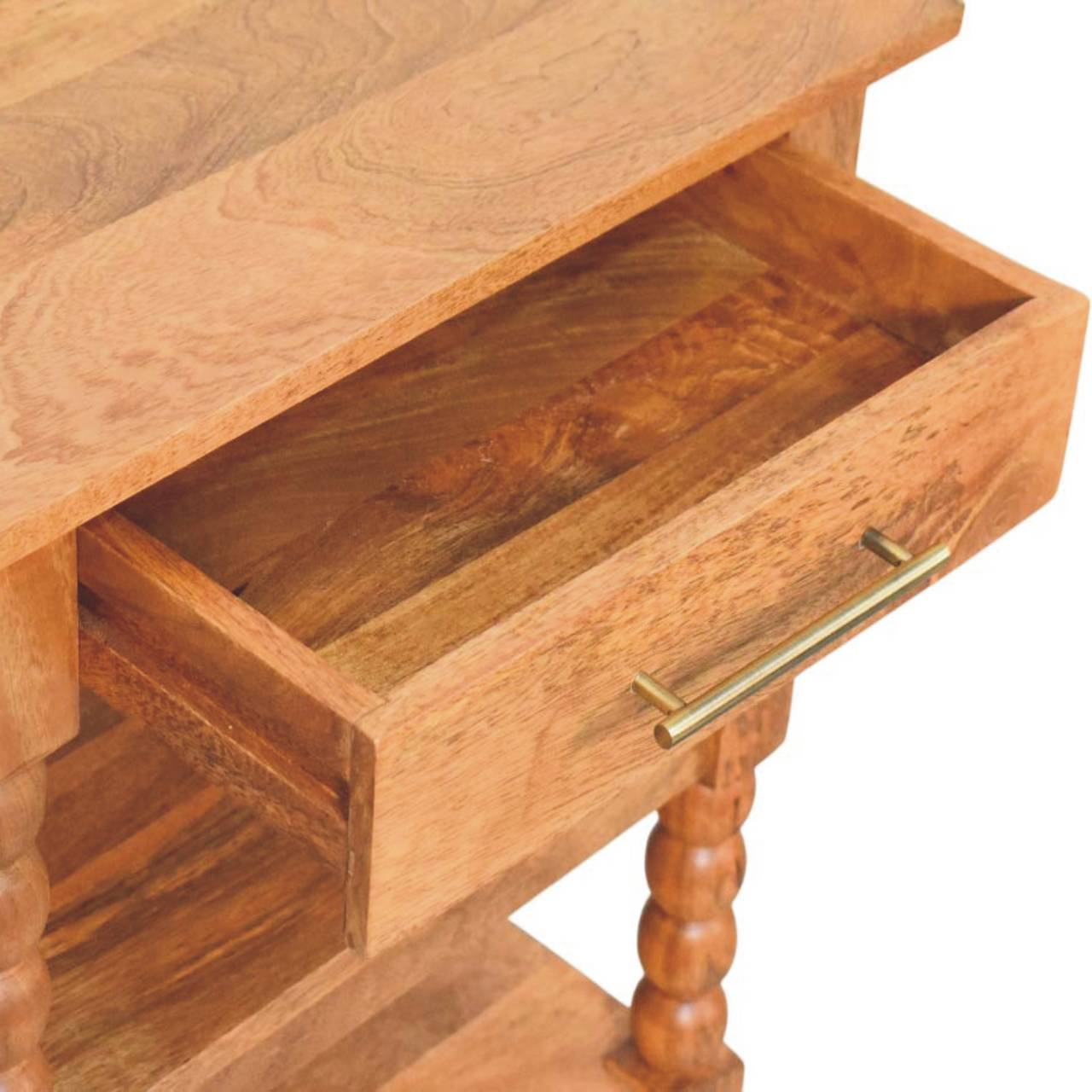 Artisan Furniture Solid Wood Barley Twist Side Table, Drawer And 2 Open Slots, Beige