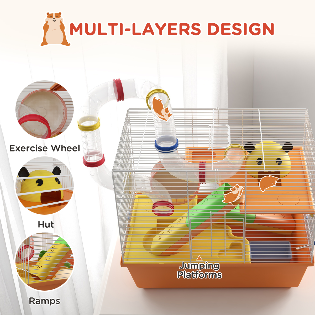 PawHut Hamster Cage, 3 Tiers Gerbil Cage for Dwarf Hamsters with Tubes, Ladder