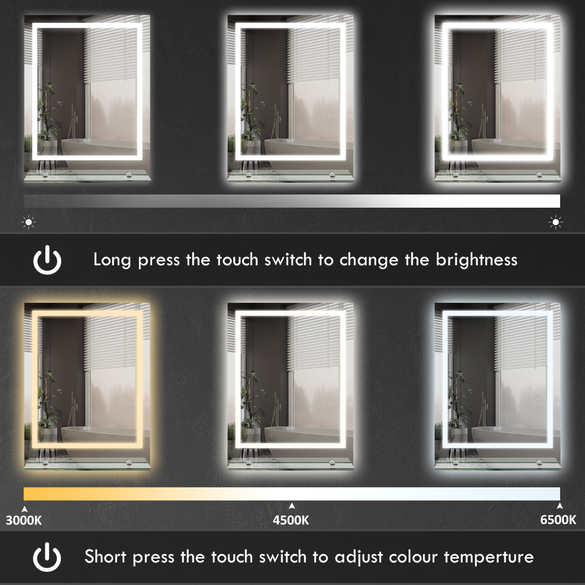 kleankin Dimmable Bathroom Mirror with LED Lights, Defogging Film, Clear