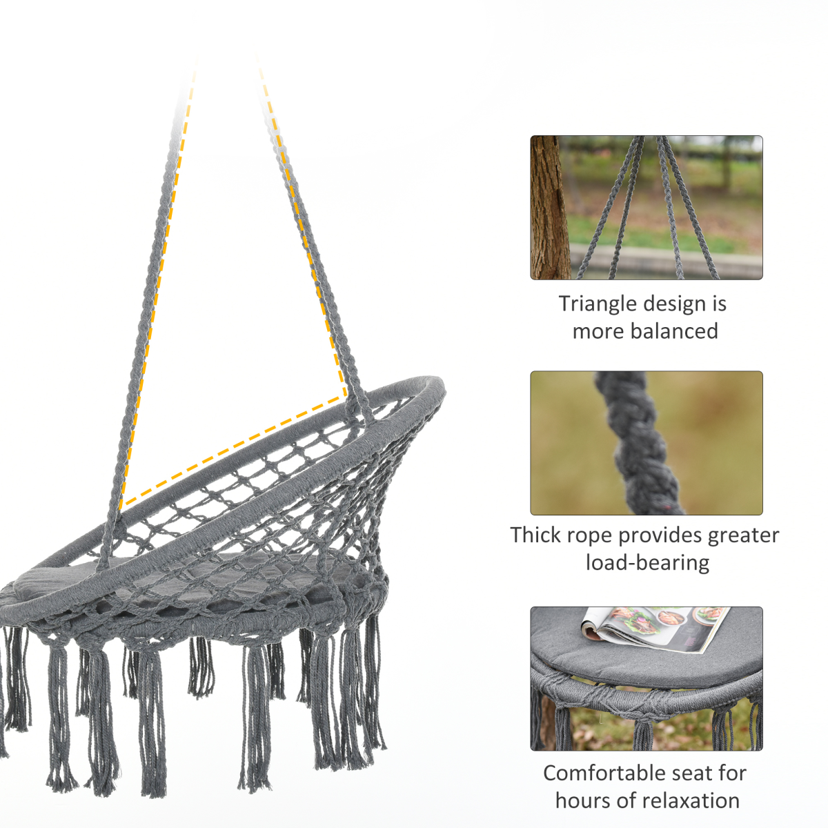 Cotton-Polyester Blend Macrame Hanging Chair Swing Hammock & Backrest, Grey