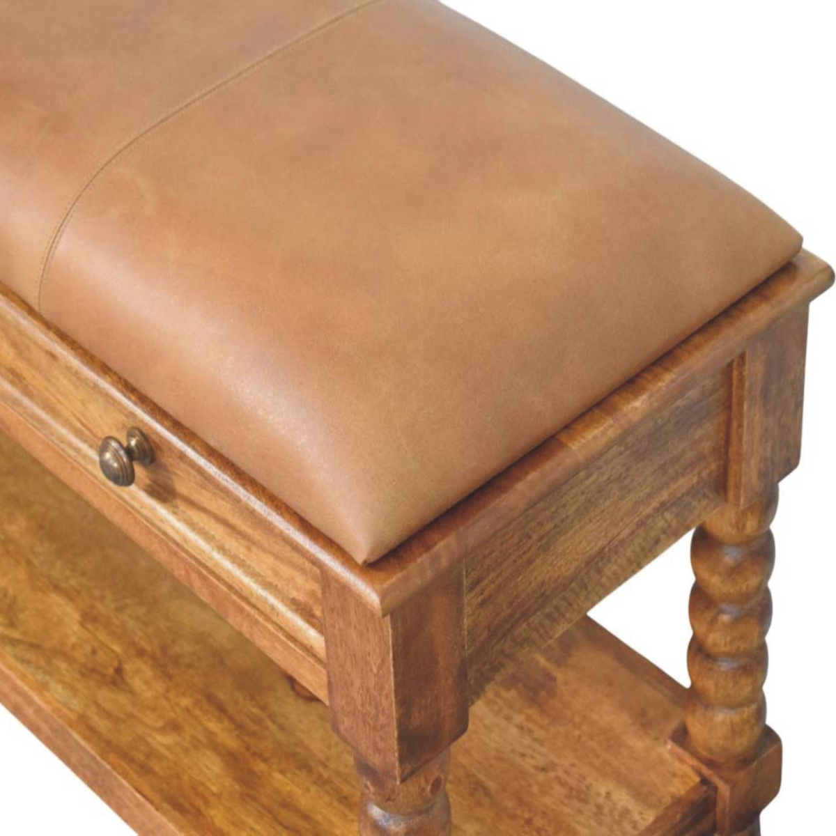 Artisan Furniture Solid Wood Upholstered Leather Spindle Bench, 2 Drawers, 1 Shelf, Brown