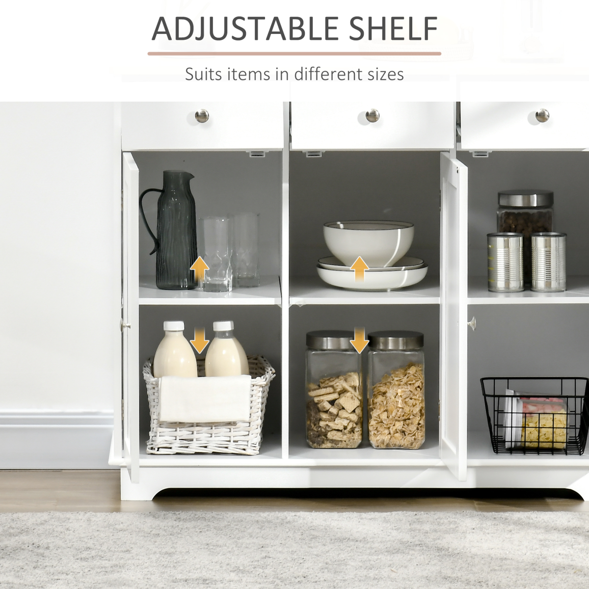 Sideboard with Rubberwood Top, Buffet Drawers and Adjustable Shelves White