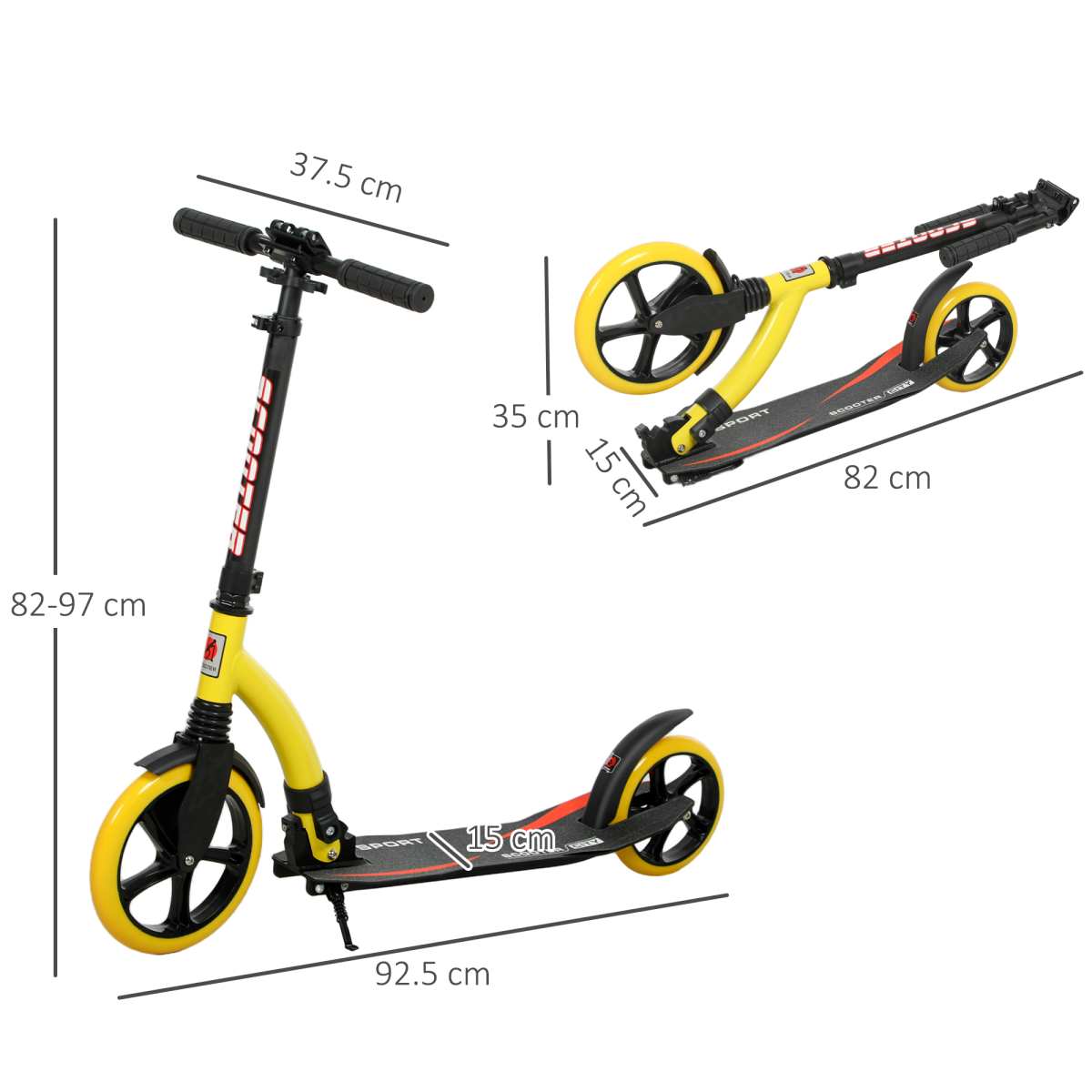 HOMCOM Teens Adult Kick Scooter Foldable Adjust Aluminium For 14 Yellow