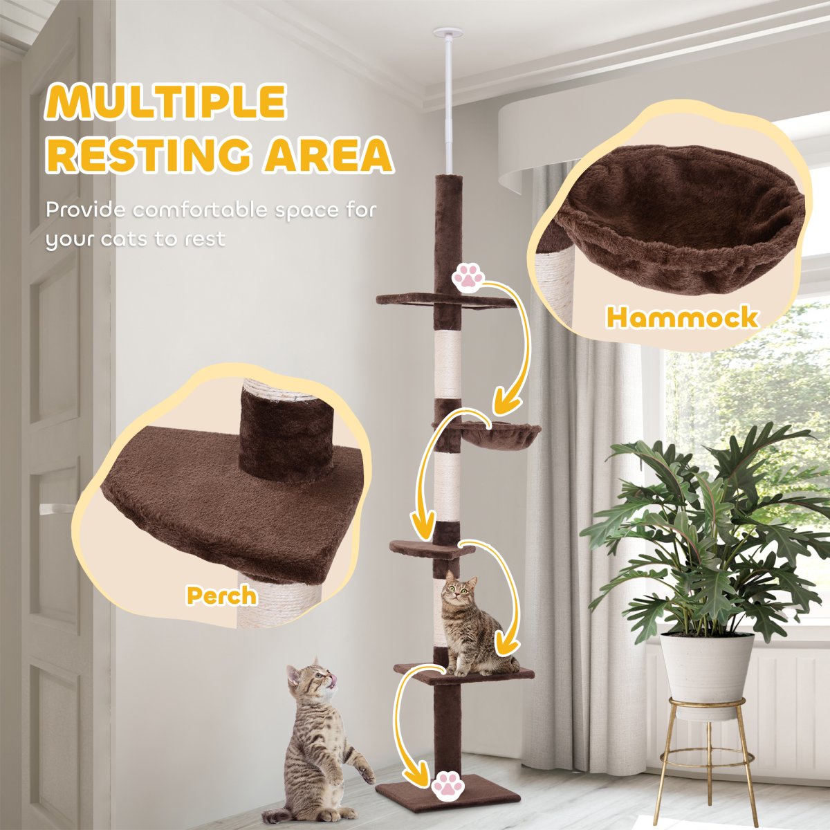 Floor to Ceiling Cat Tree for Indoor Cats 5-Tier Kitty Tower Brown