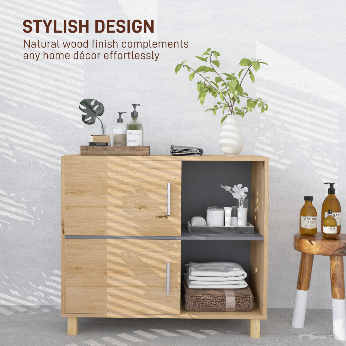 HOMCOM Bathroom Storage Cabinet with Open Compartments and Double Doors