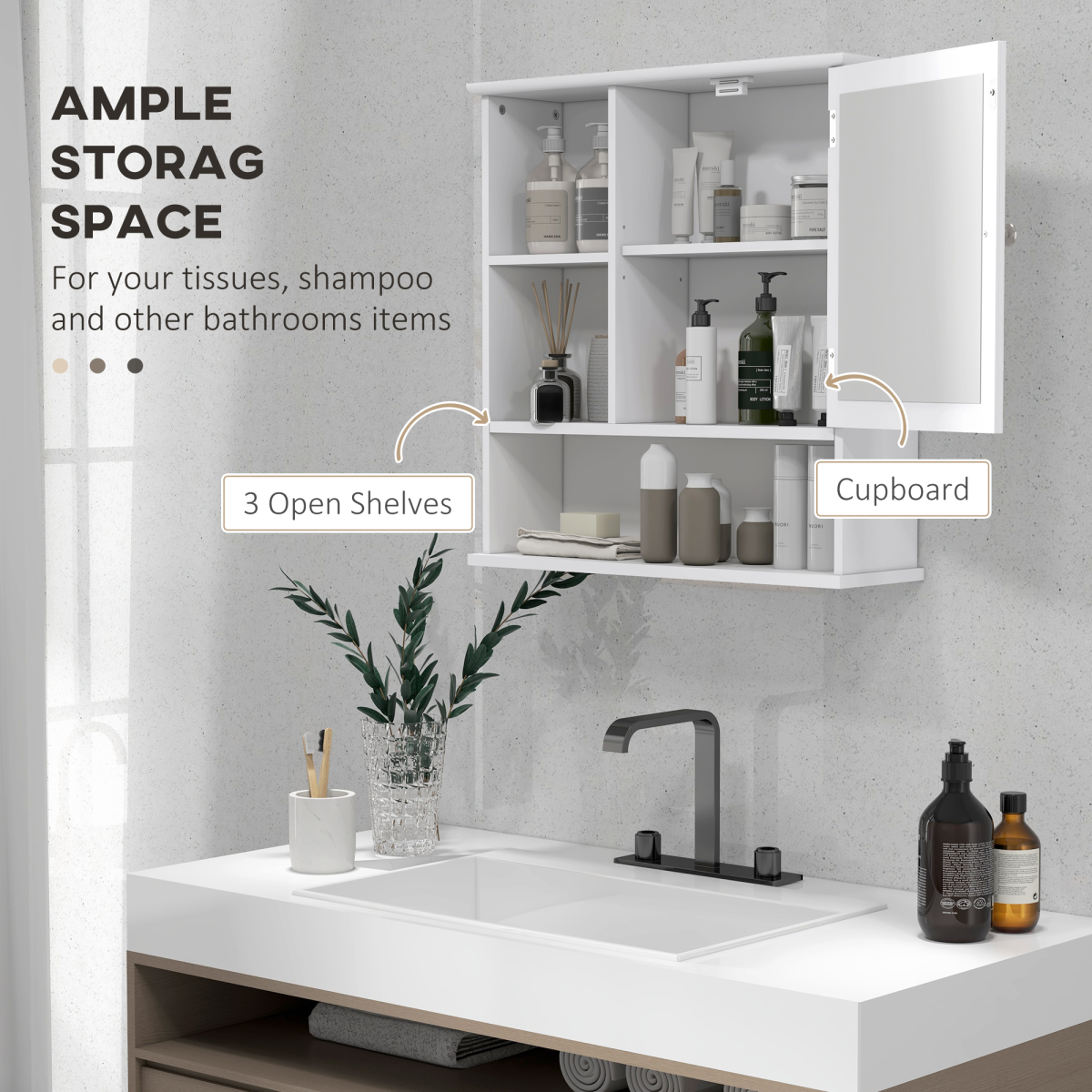 Wall Mount Mirror Cabinet Bathroom Storage Single Door Mounted Glass Cupboard