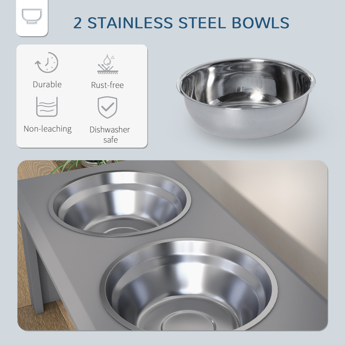 PawHut Raised Dog Bowls Pet Feeder Raised Elevated Stainless Steel Food Grey
