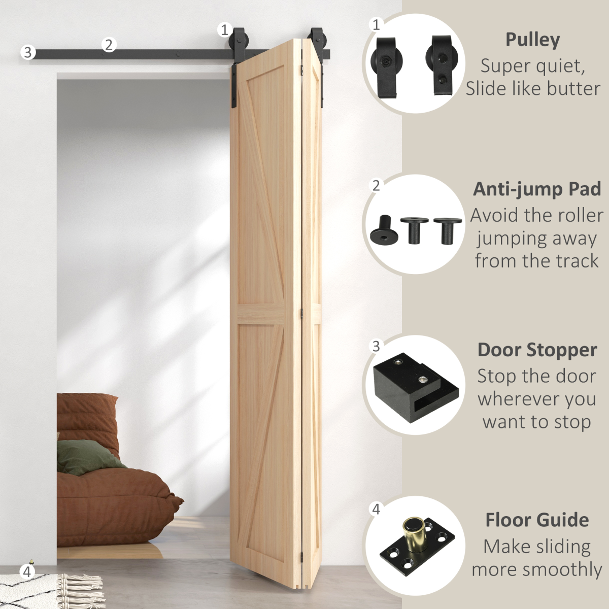 HOMCOM 4FT/122CM Bi-Folding Sliding Barn Door Hardware Kit Sliding Door Kit
