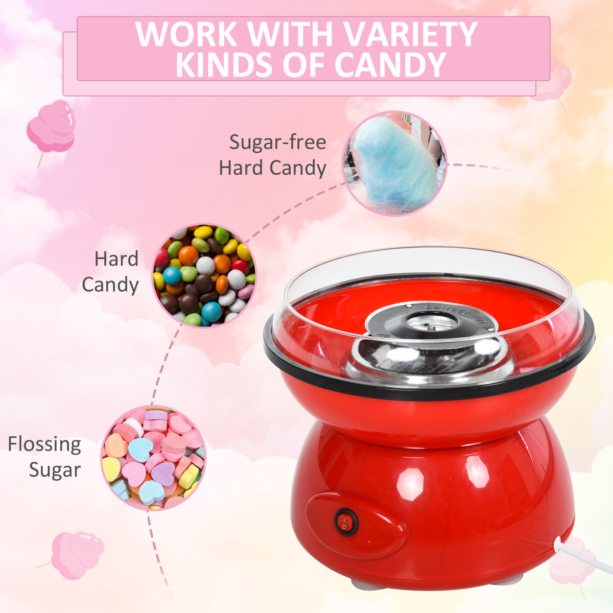 450W Non-Stick Stainless Steel Candyfloss Machine Red