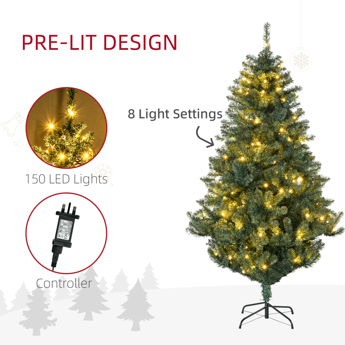 HOMCOM 6ft Artificial Christmas Tree with LED Lights, Decoration, Auto Open