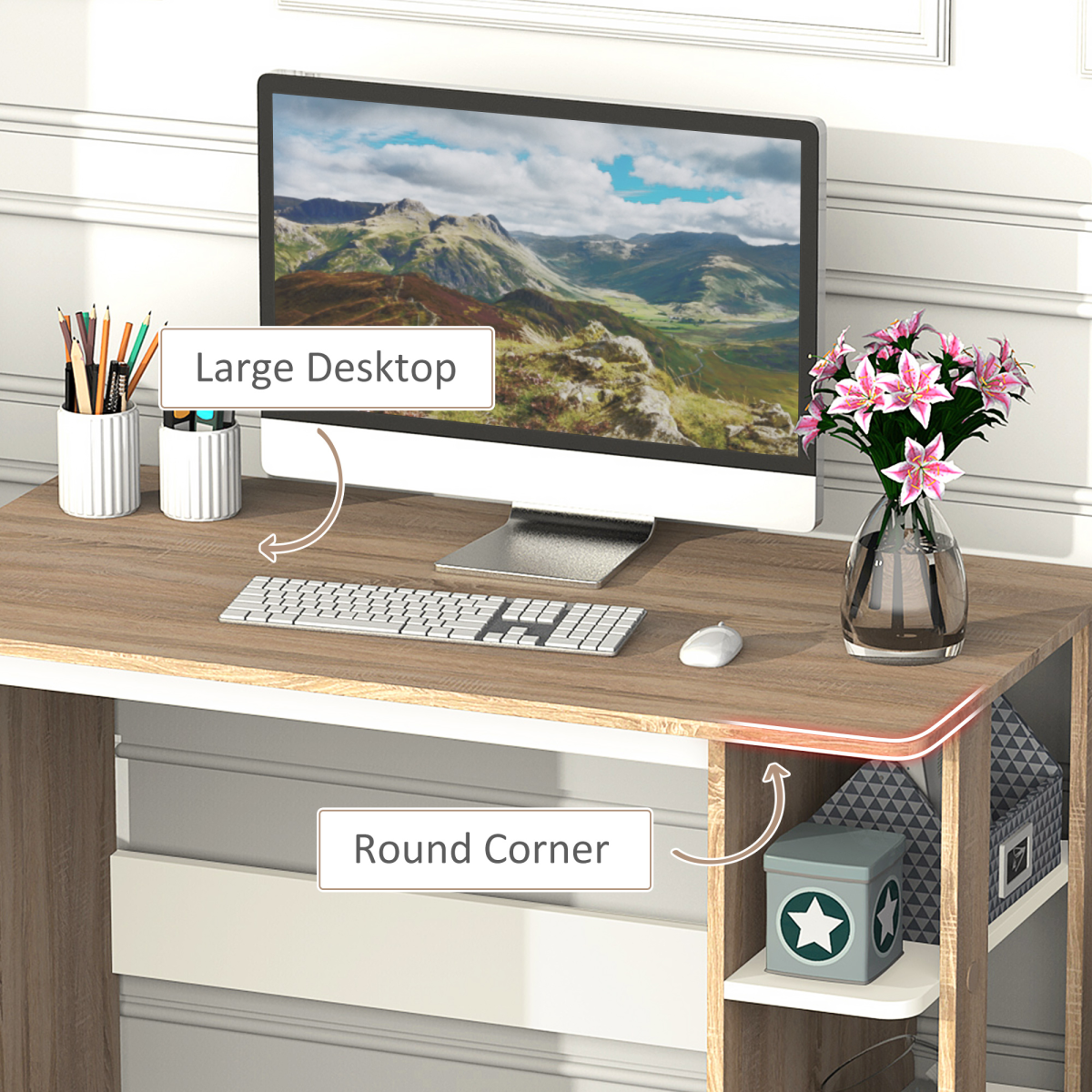 Duo Work Desk & 3-Tier Side Shelves Wide Table Sturdy Frame 2-In-1