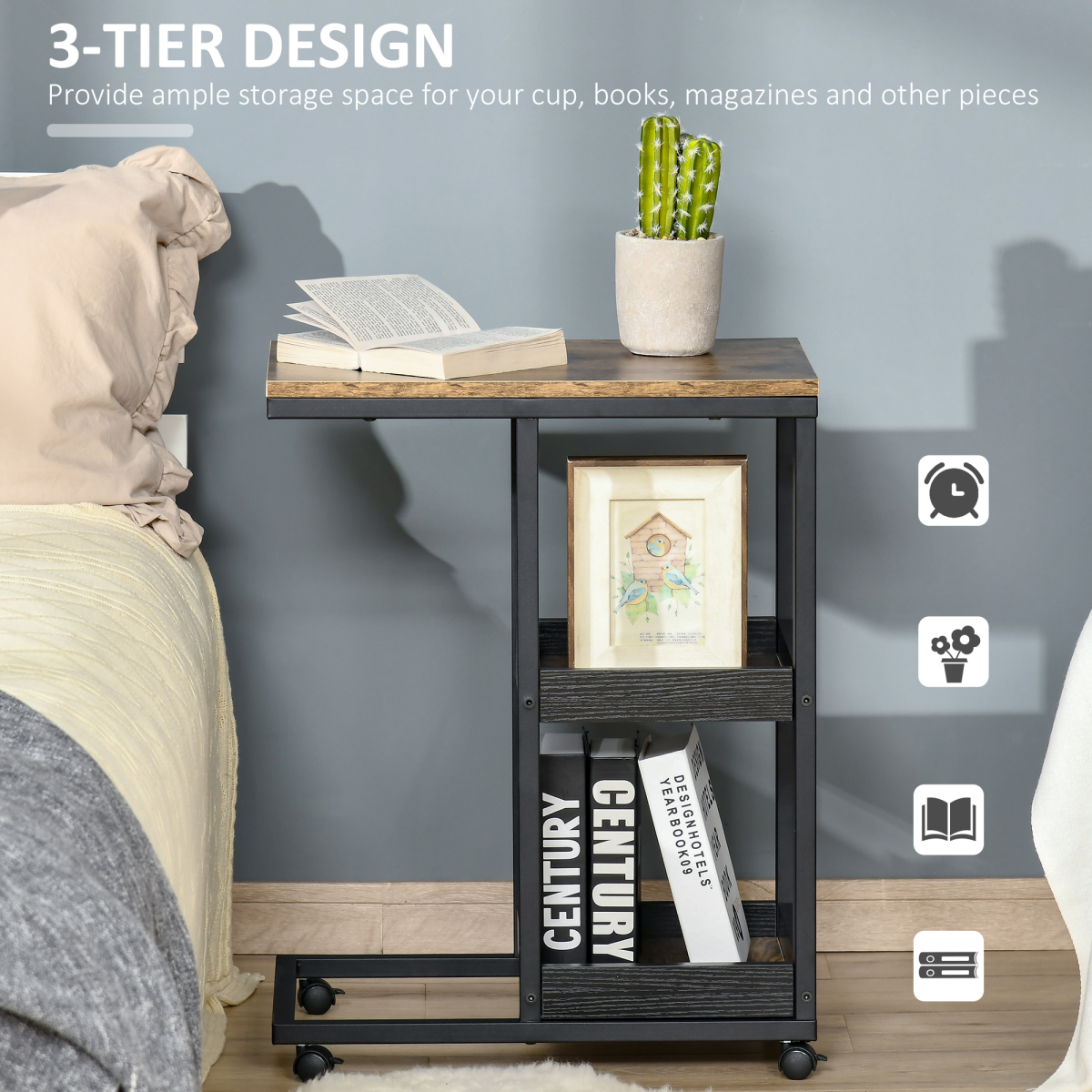 C-Shaped Mobile Couch Bed Side Table w/ 3-tier Storage Shelf - Brown HOMCOM