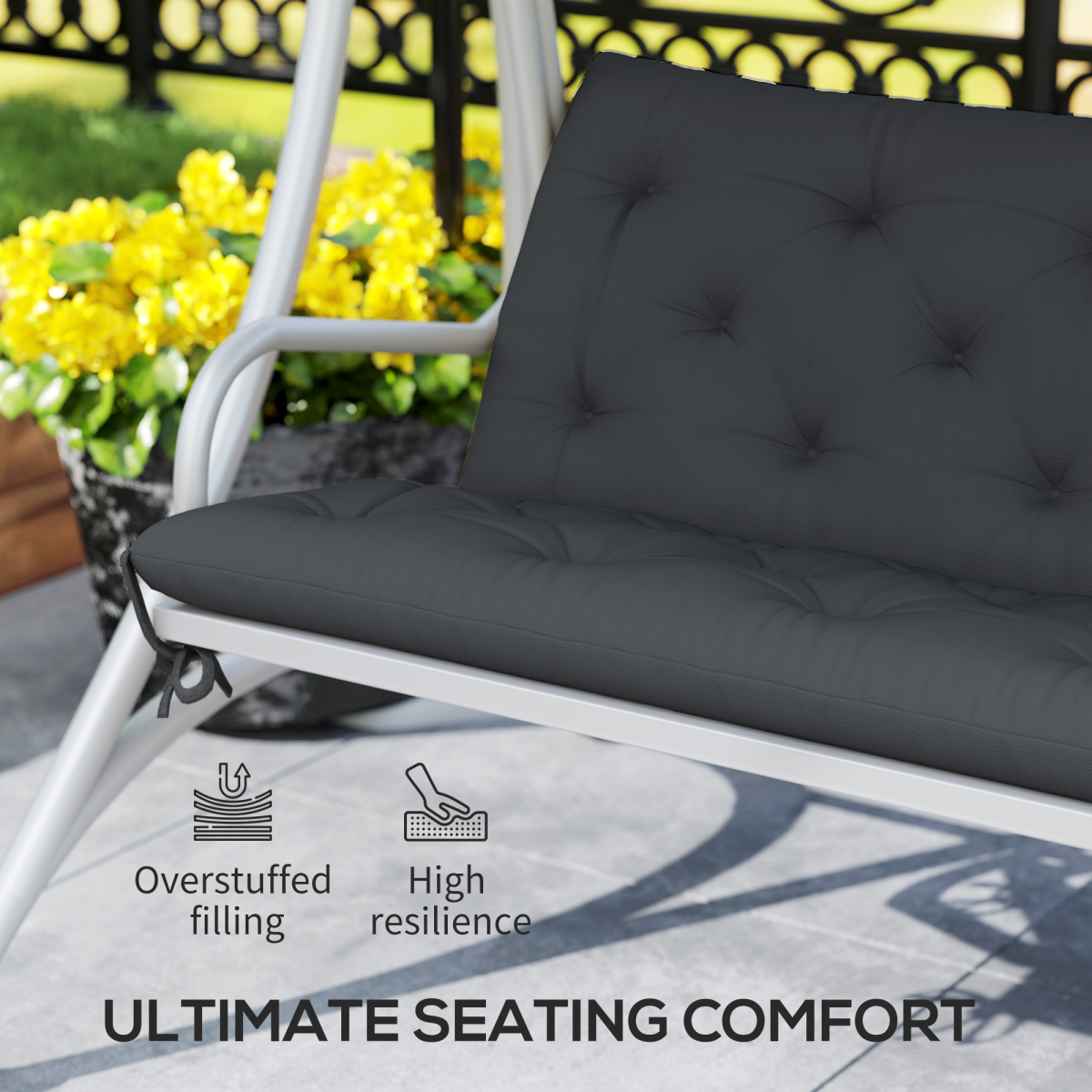 3 Seater Garden Bench Cushion Outdoor Seat Pad with Ties Black