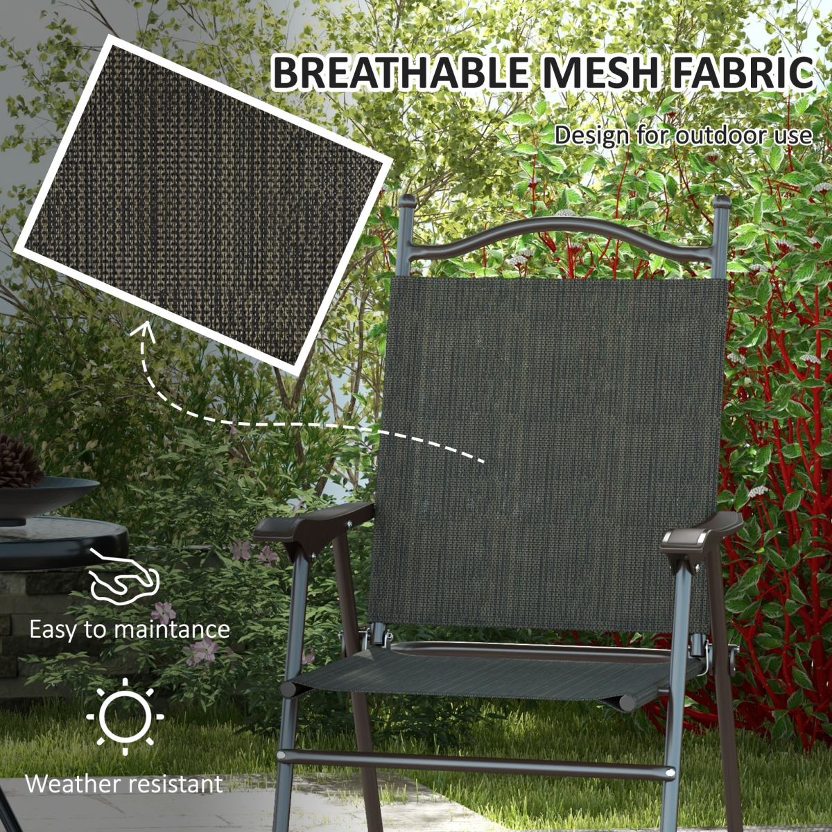 Outsunny Folding Chairs Set with Armrest Breathable Mesh Fabric Seat Dark Brown