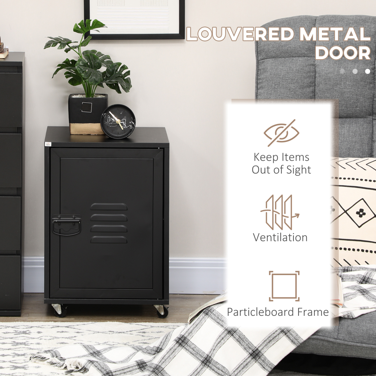 Bedside Table, Rolling End Side Table, Mobile Storage Cabinet Black