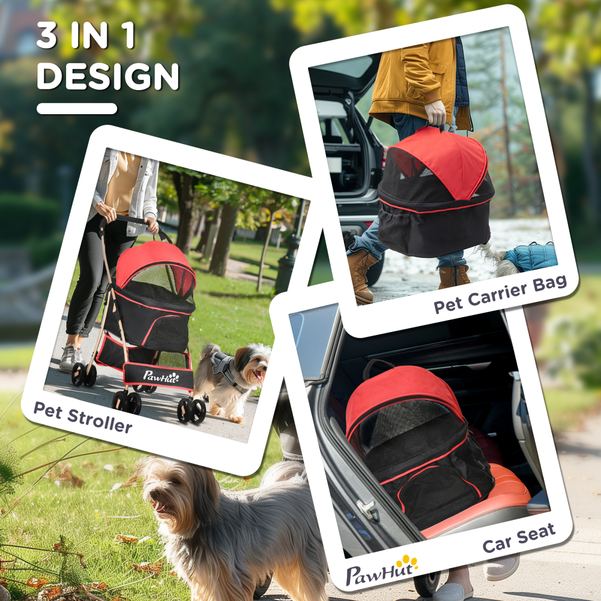 PawHut 3 In 1 Pet Stroller, Detachable Dog Cat Travel Carriage - Red