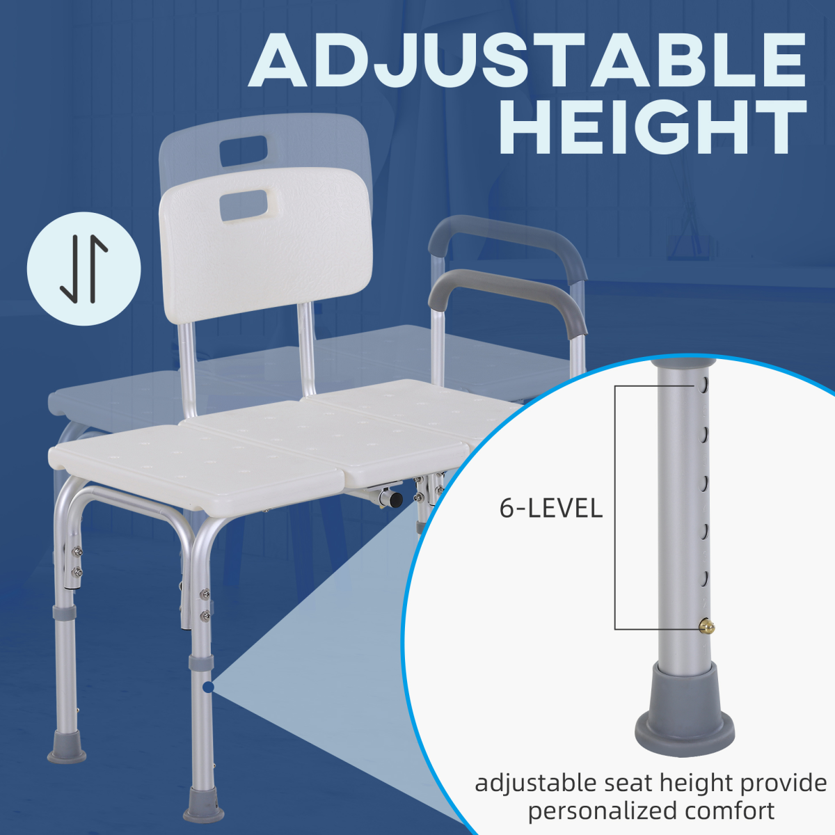 HOMCOM Height Adjustable Shower Chair with Suction Cup Feet Armrest Backrest