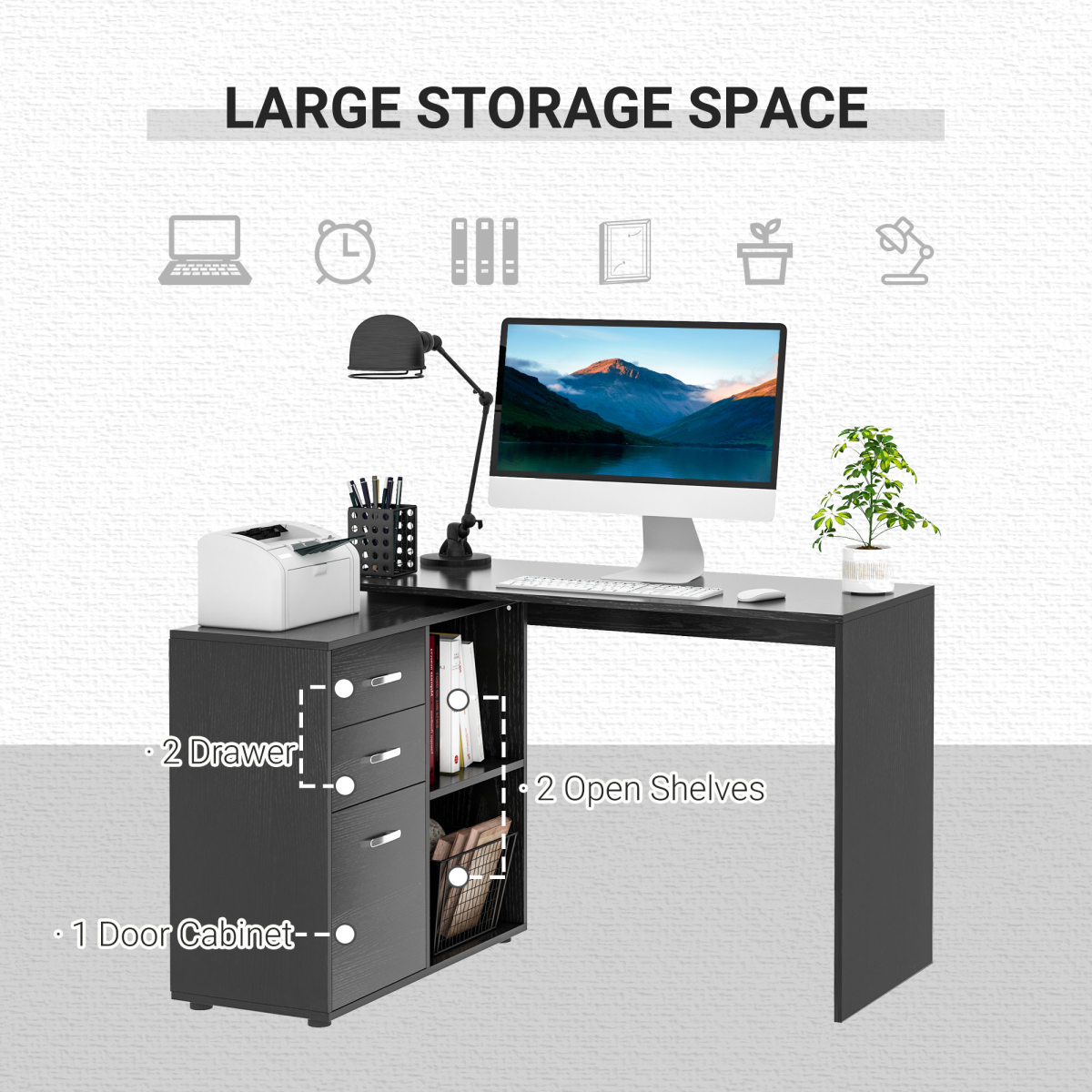 L Shape Computer Desk Workstation Home Office Drawer Shelf File Cabinet-Black