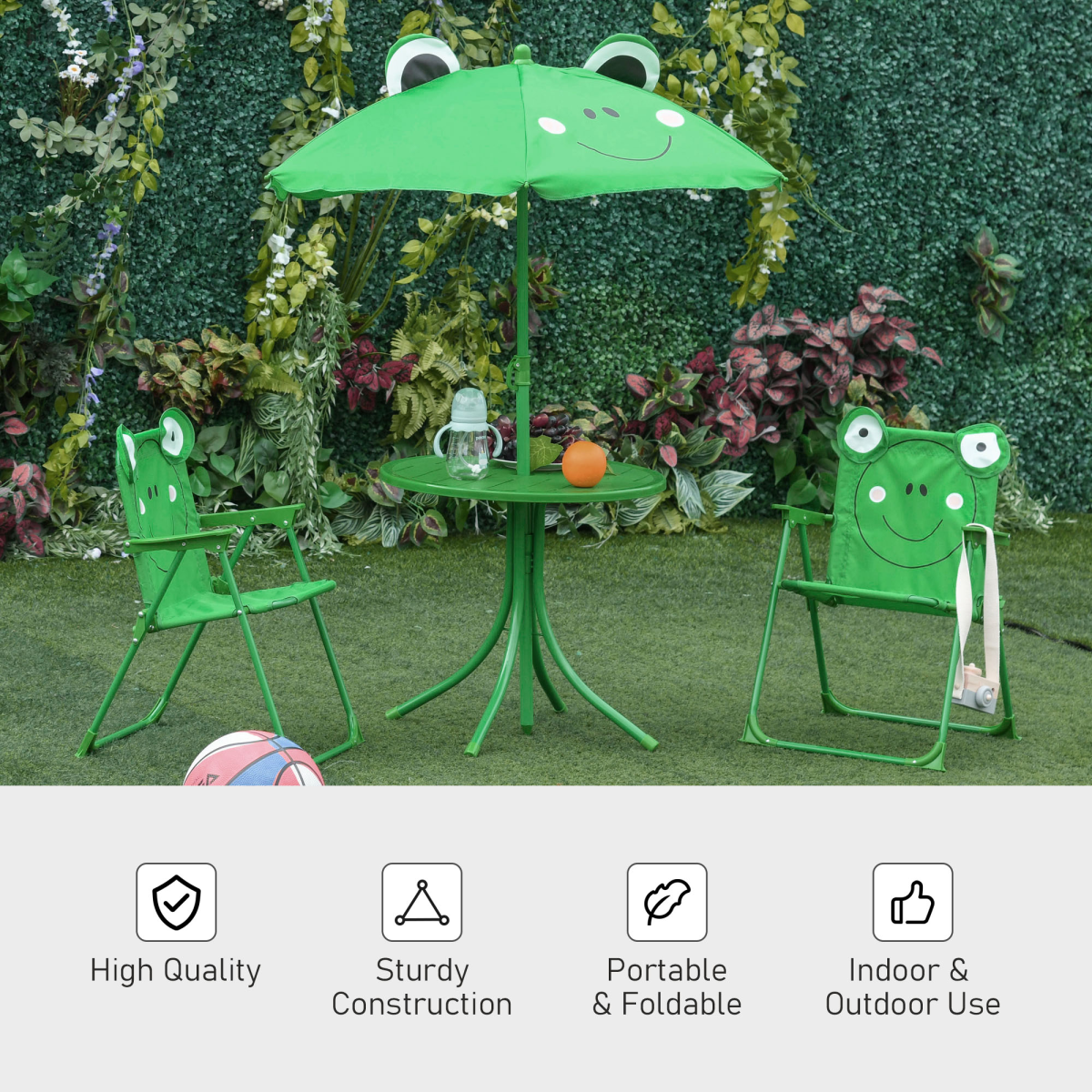 Foldable Patio Kids Metal Picnic Table w/ Frog Umbrella Green 4-piece