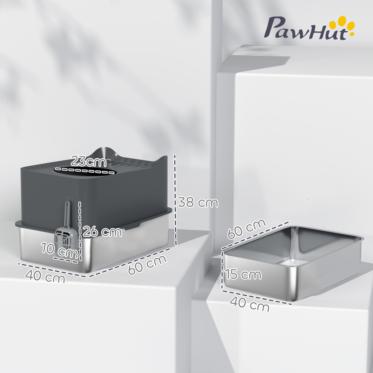 PawHut Stainless Steel Cat Litter Box, Enclosed Metal Litter Tray, Dark Grey