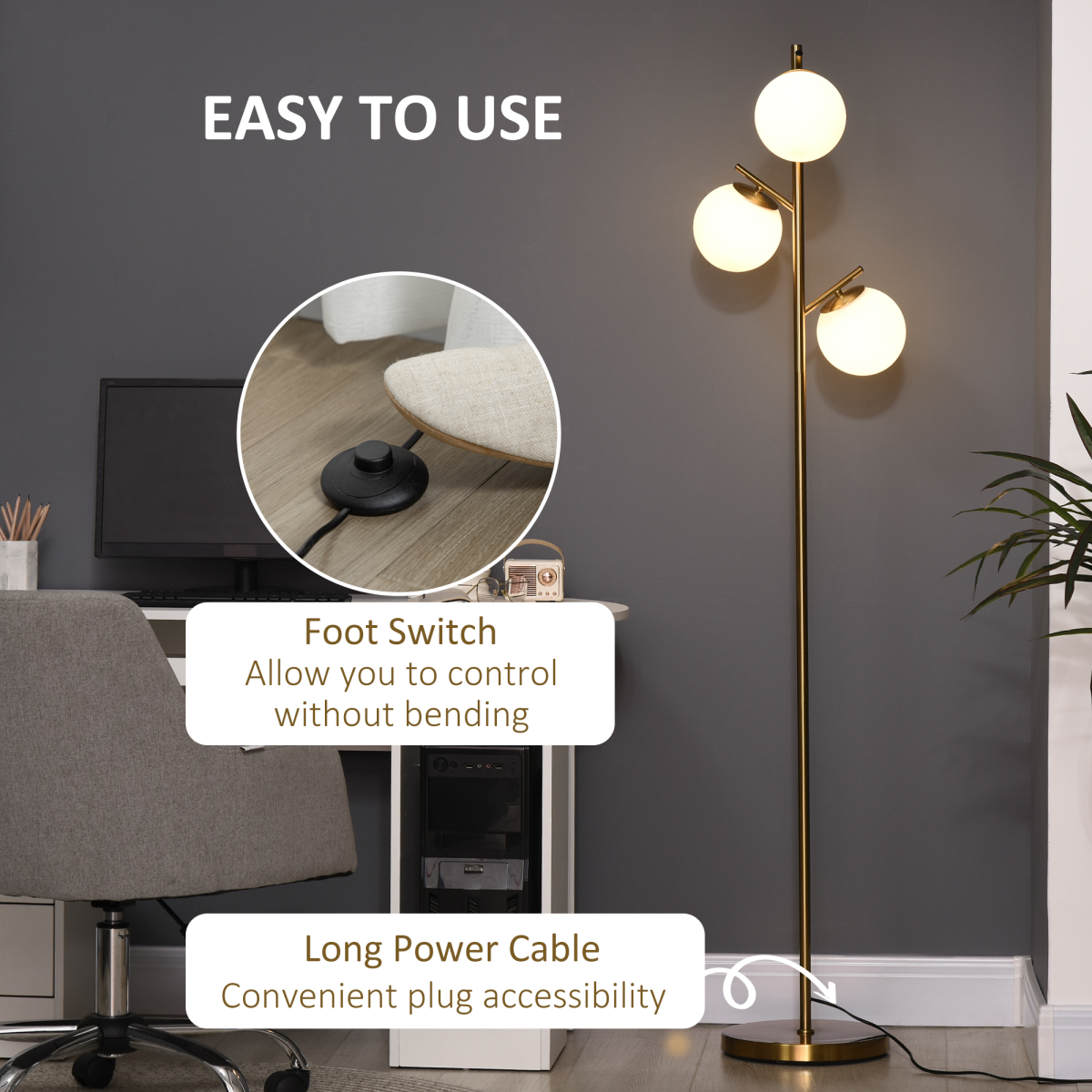 HOMCOM Modern Tree Floor Lamp with 3 Light, for Living Room Bedroom, Gold