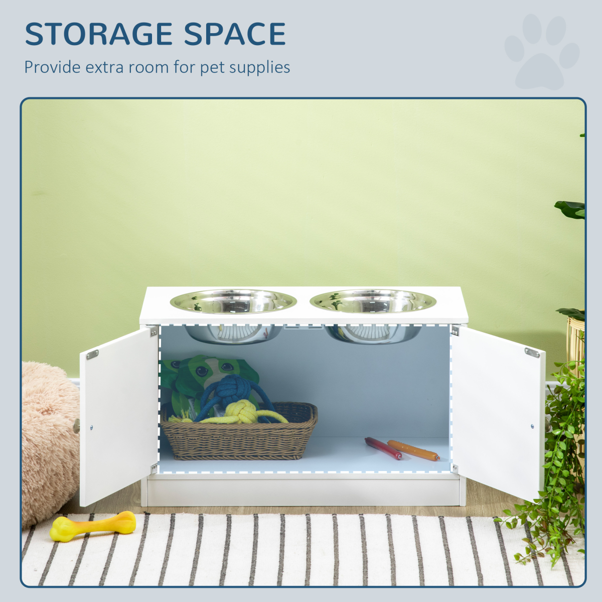 Raised Dog Bowls for Large Dogs Feeding Station Stand, Storage - White Pawhut