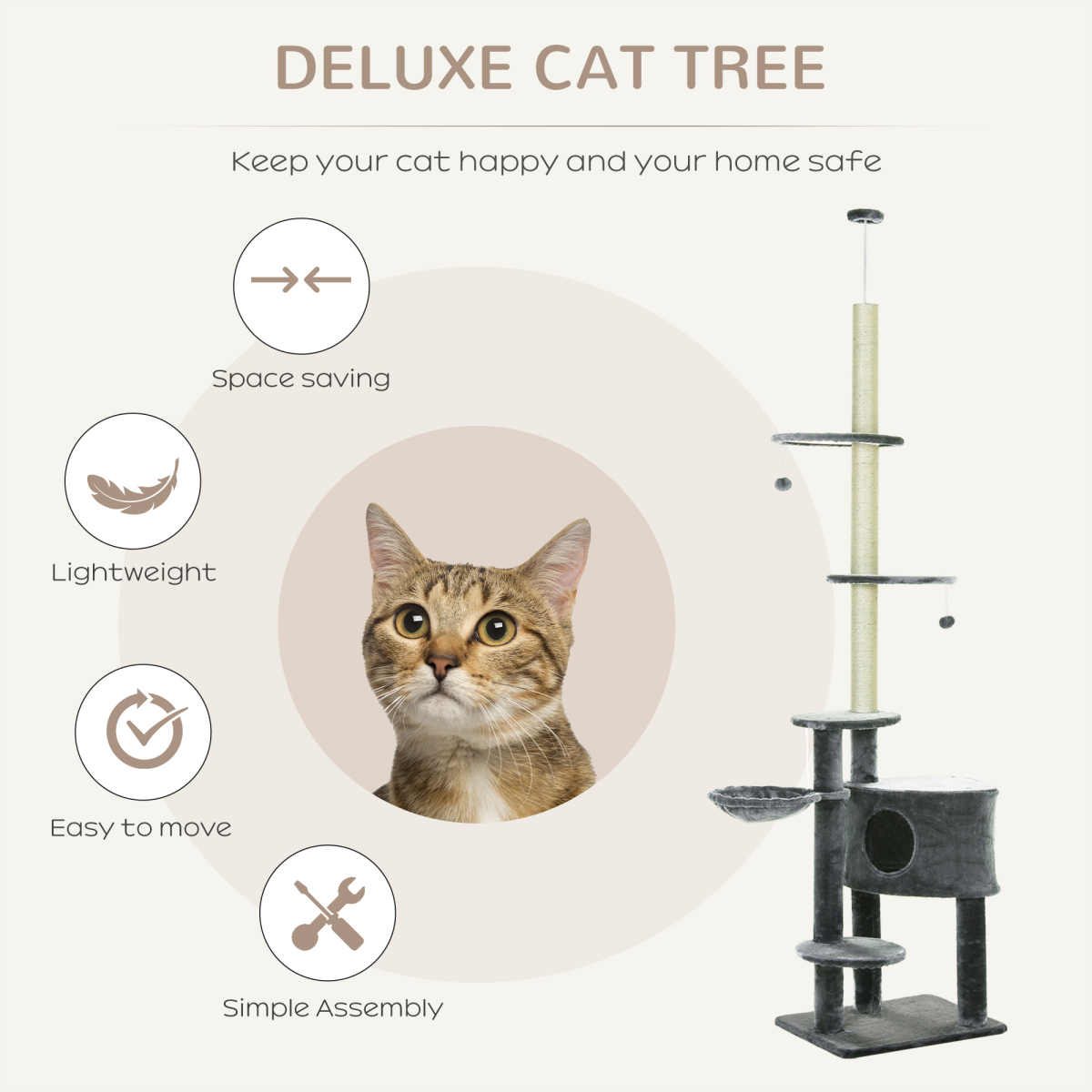 5-Tier Grey Sisal Multi-Level Cat Tree Tower with Scratching Posts Pawhut