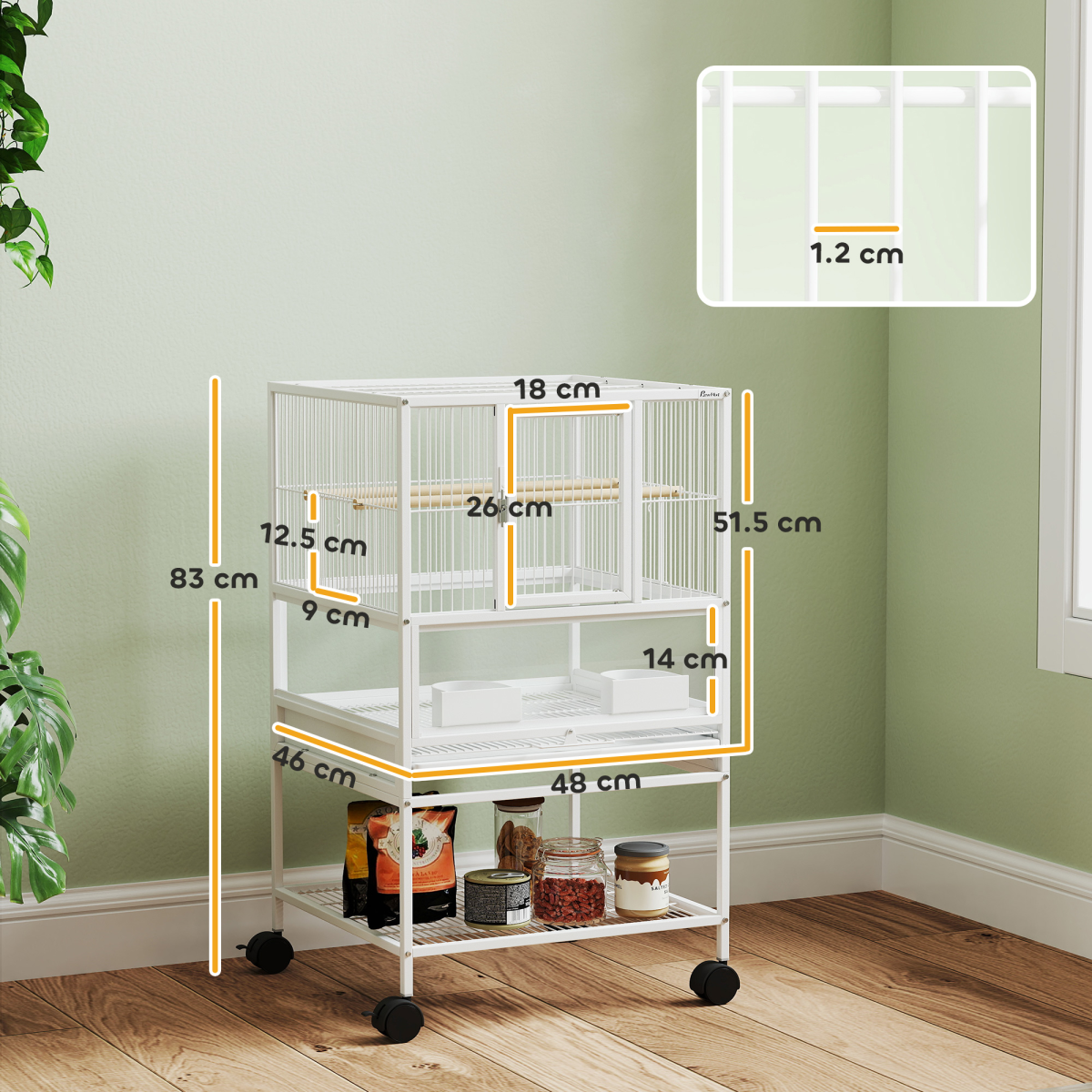 PawHut Bird Cage Parrot Cage with Rolling Stand Acrylic Viewing Panels White