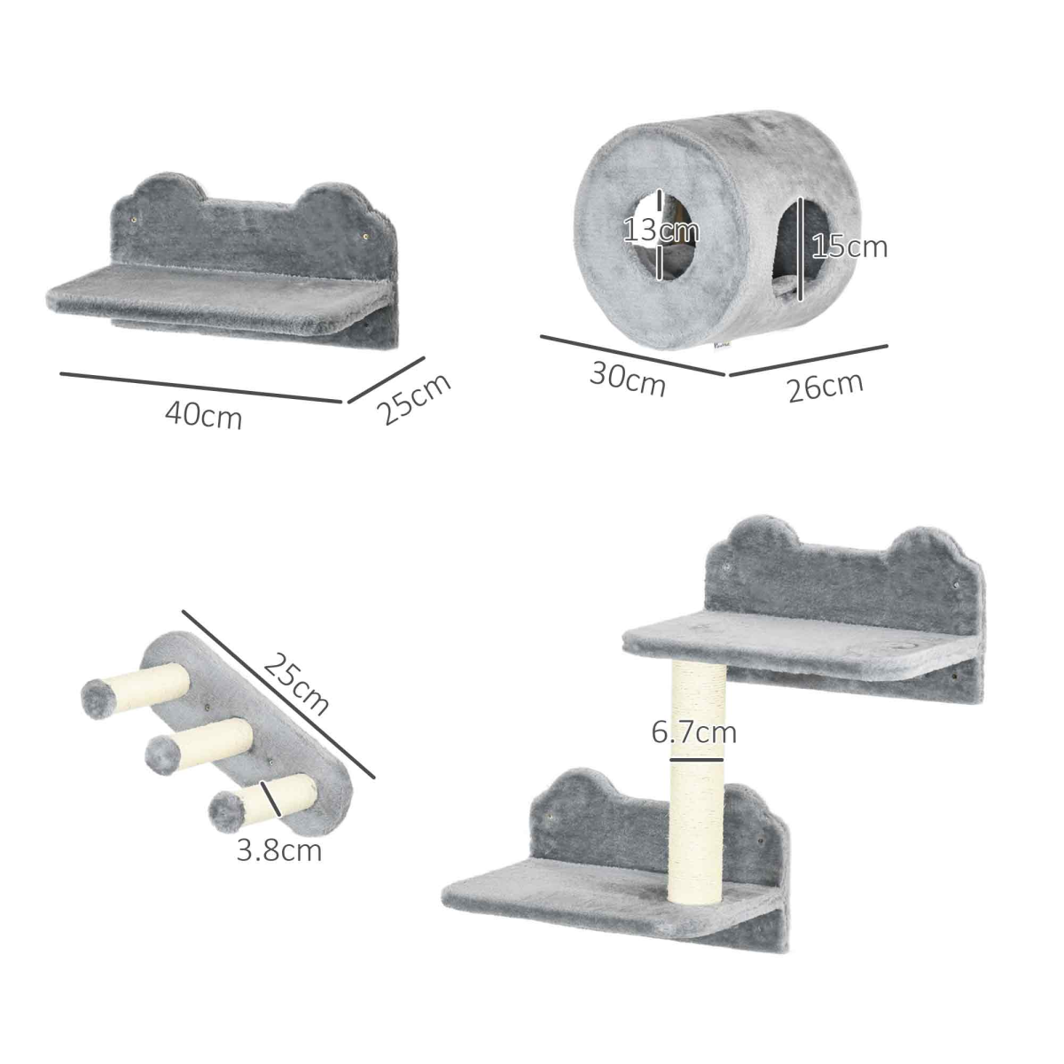 PawHut Cat Wall Furniture with Platforms, Steps, Perch, Cat House - Grey