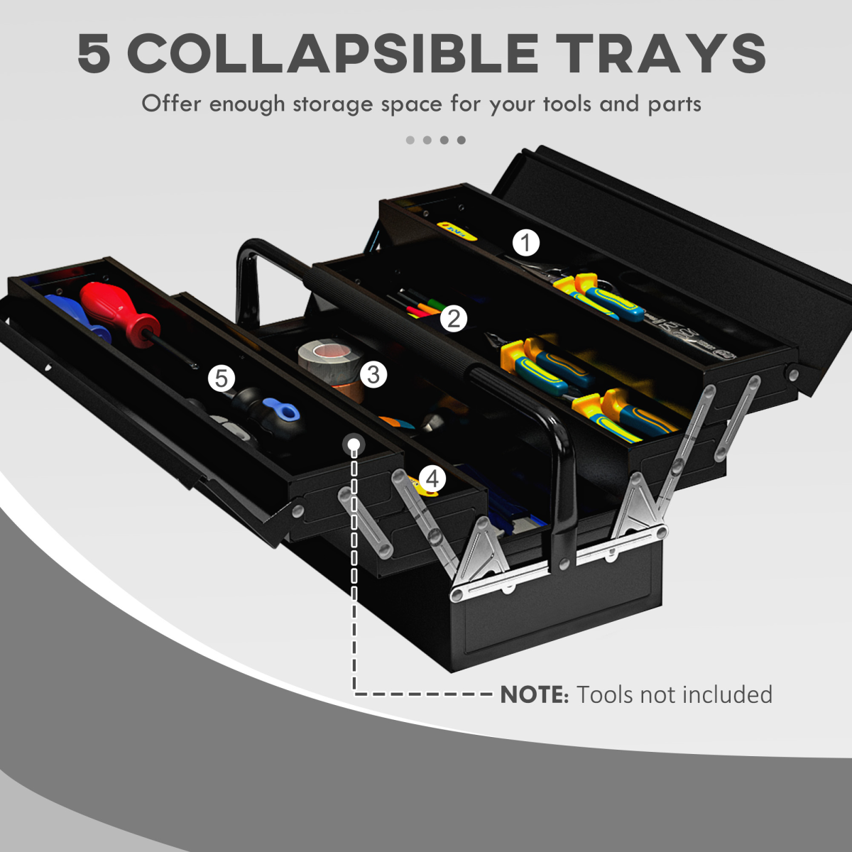 DURHAND 3 Tier Metal Toolbox with 5 Tray Carry Handle 56cmx20cmx34cm Black