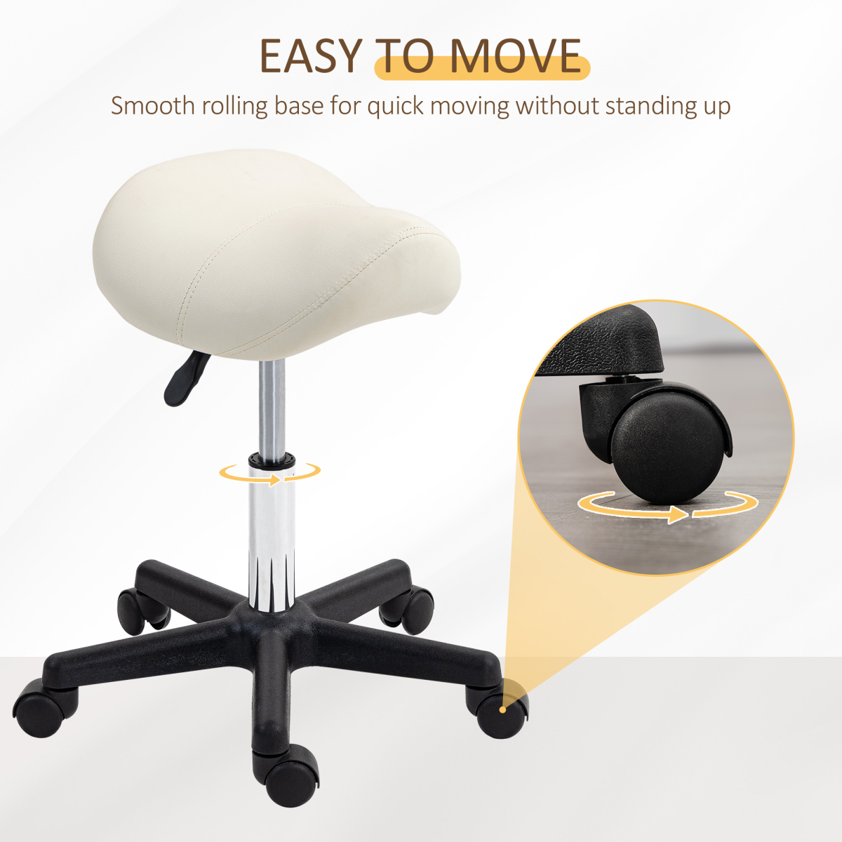 HOMCOM Saddle Stool Adjustable Rolling Salon Chair for Massage Spa Beauty White