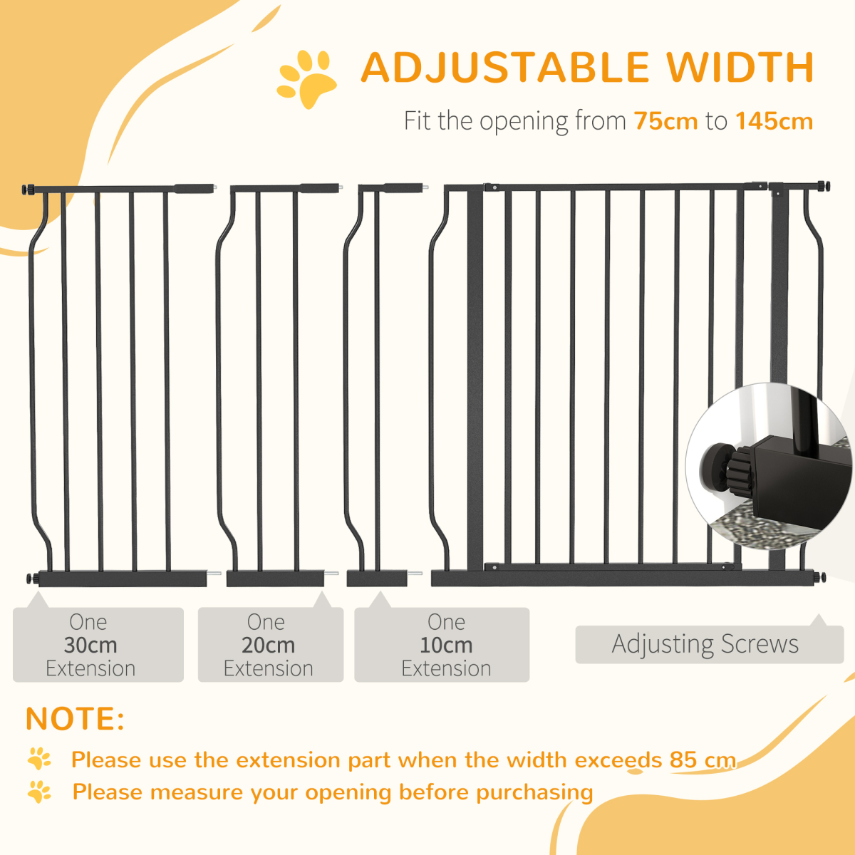Pet Safety Gate Dog Barrier W/ Door Pressure Fit for Doorways, 75-145W cm, Black