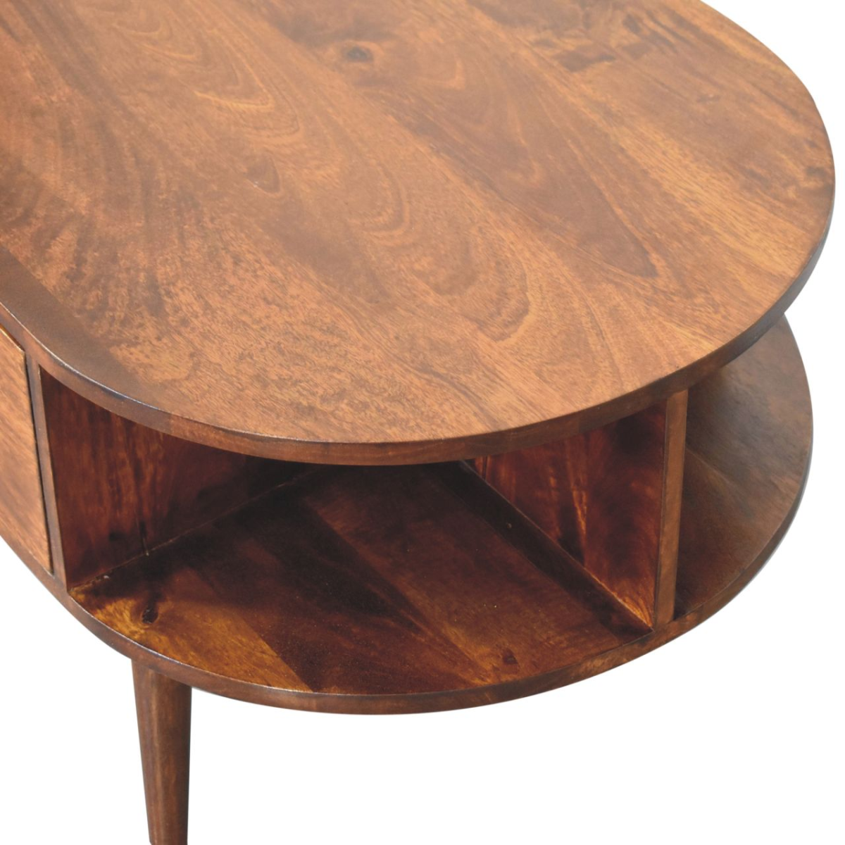 Artisan Furniture Solid Wood Chestnut Oval Coffee Table, 1 Drawer and 2 Open Slots, Dark Brown