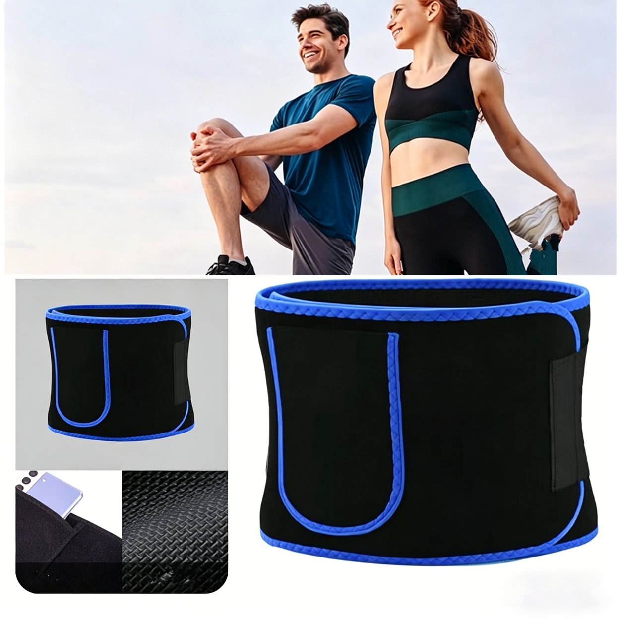 Waist Trimmer Belt Sport Workout Shaper Burner Slimming Belt W/ Phone Pocket Blue-Black