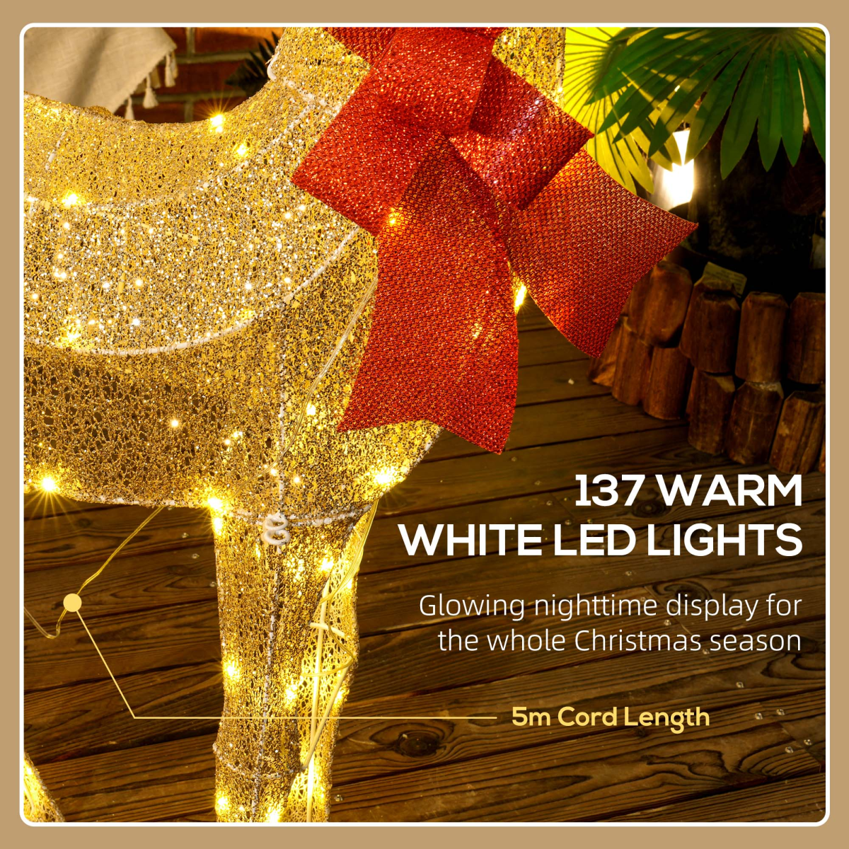 Outsunny Lighted Reindeer Christmas Decoration w/ Stakes Zip Ties Gold Tone