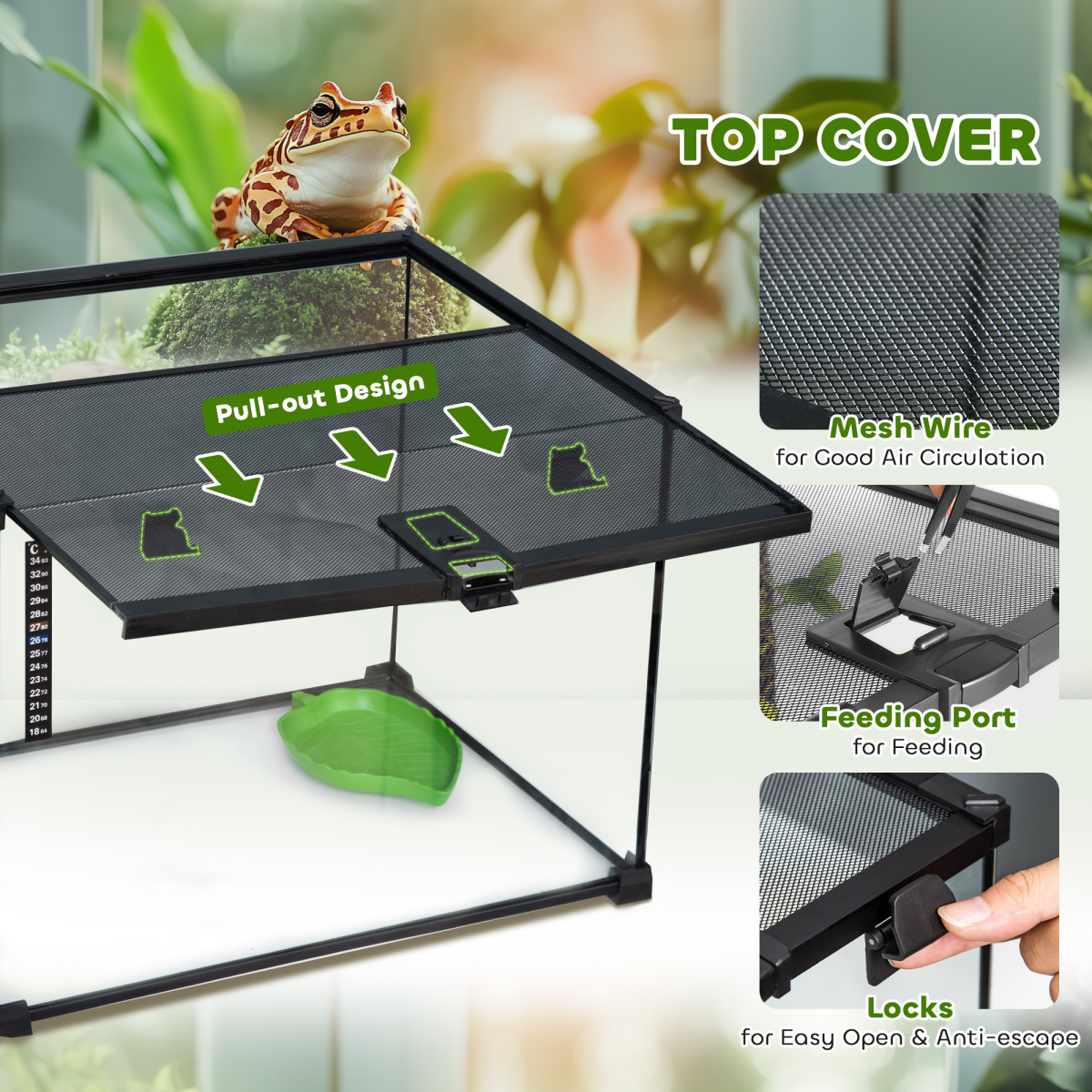50 x 30 x 35 cm Reptile Terrarium for Lizards, Horned Frogs, Snakes, Black