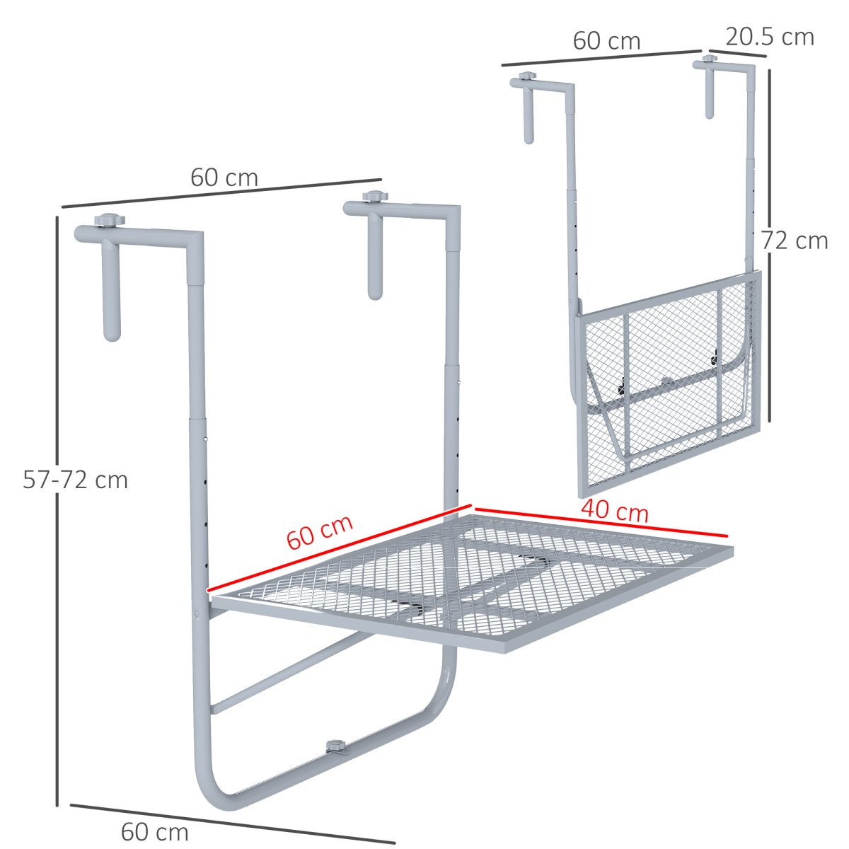 Outsunny Balcony Hanging Table Wall Mount Adjustable Folding Desk Patio Grey