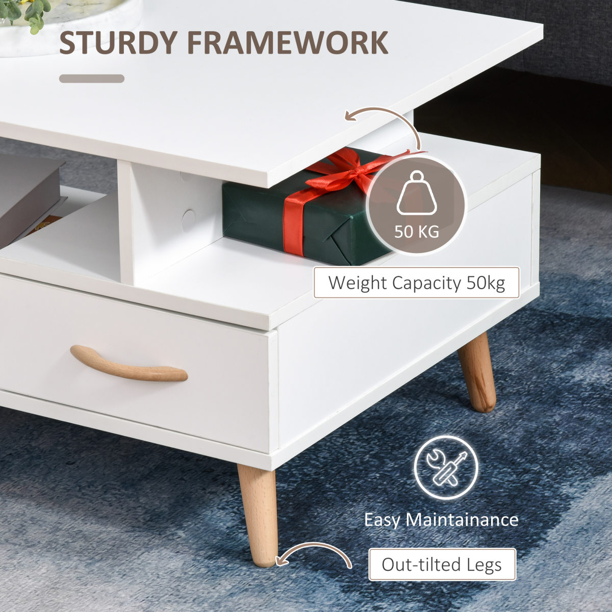 Coffee Table with Storage, Sofa Side Table with Shelf & Drawer White
