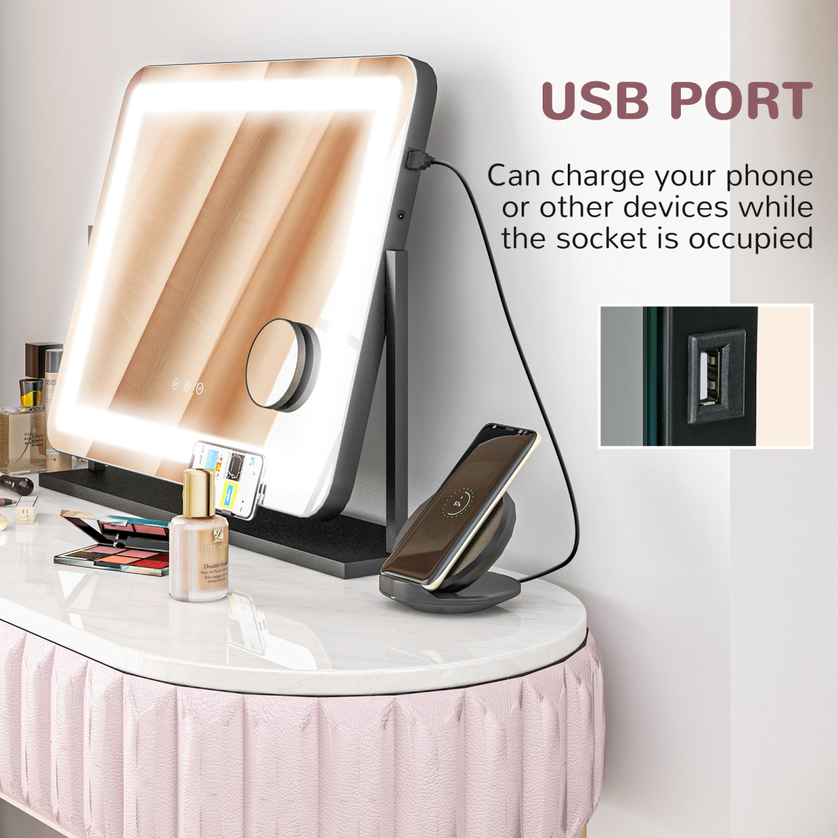 HOMCOM Dimmable Lighted Makeup Mirror with Magnifier, USB Port, 360° Rotation
