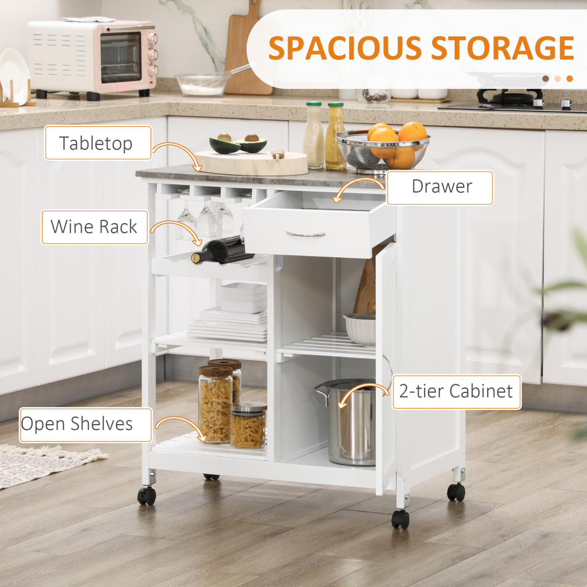 Kitchen Trolley Utility Cart on Wheels with Wine Rack, Drawer, Open Shelf White