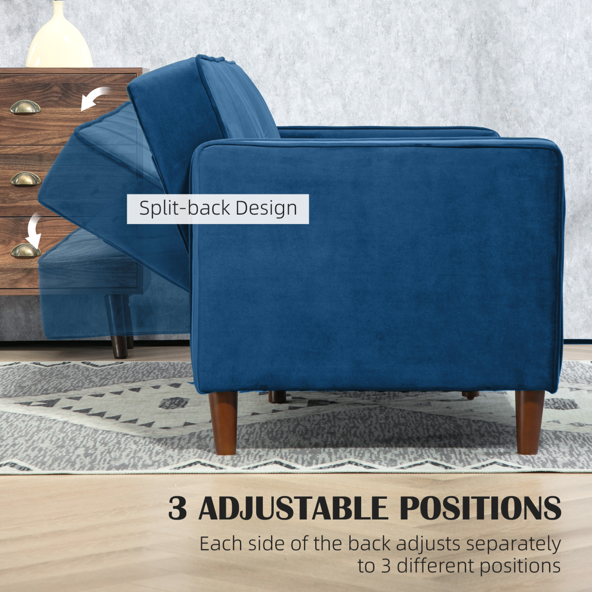 HOMCOM Convertible Sofa Futon Velvet-Touch Tufted Couch Sofa Bed Blue