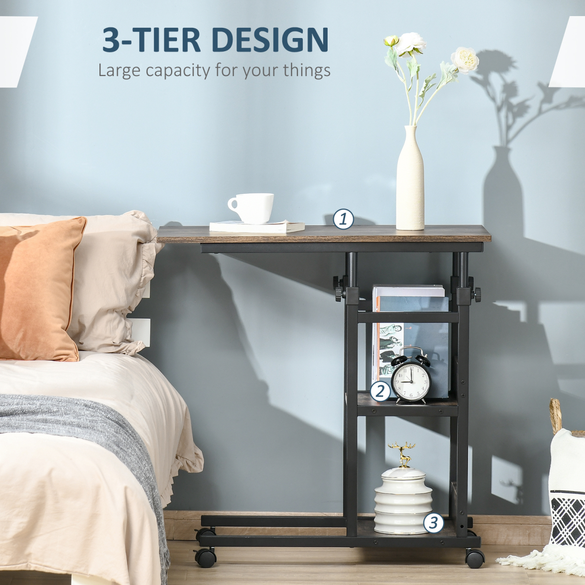 C-Shaped Mobile Sofa Bed Side Table Adjust Height 3-Tier Cart w/ Brake